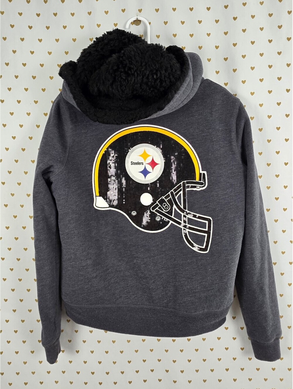 2011 Victoria's Secret PINK NFL Steelers BLING Fur Lined Hoodie Large L Jacket